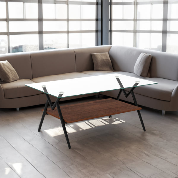 Rectangle Glass Coffee Table with Black Metal Legs – Modern Transparent Table