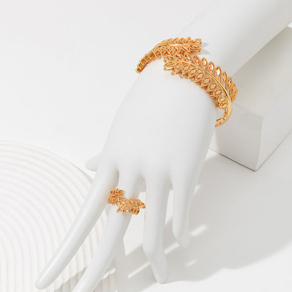 Gold Wheat Leaf Bracelet & Ring Set