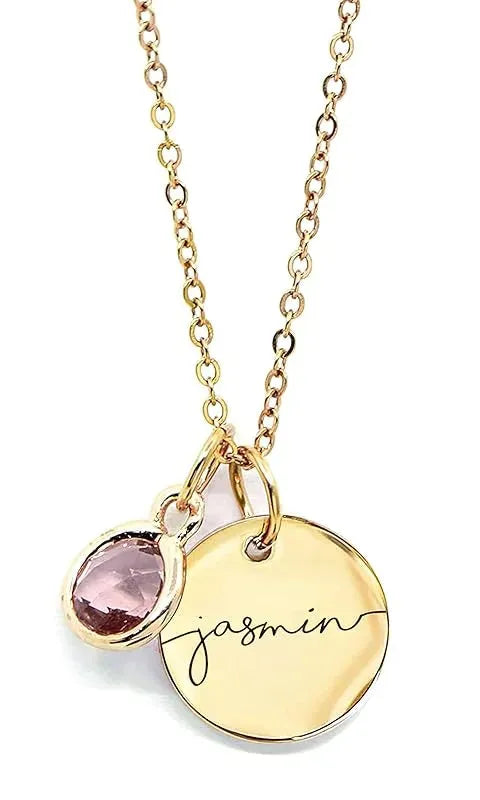 Personalized Birthstone Necklace - Engraved Mama Pendant