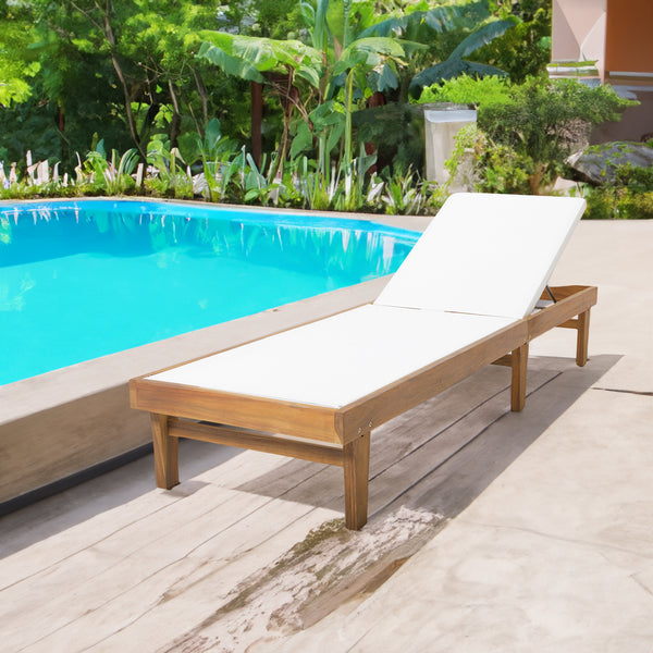 Summerland Outdoor Chaise Lounge – White Mesh & Teak Wood