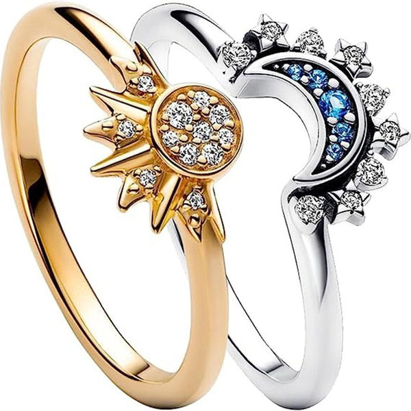 Simple and Shiny Sun Moon Blue Diamond Celestial Couple Ring Set – A Romantic Connection