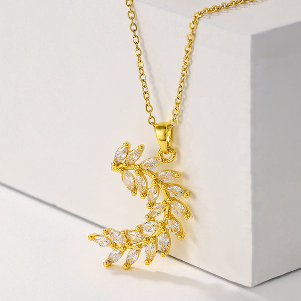 Gold Zircon Leaf Pendant Necklace
