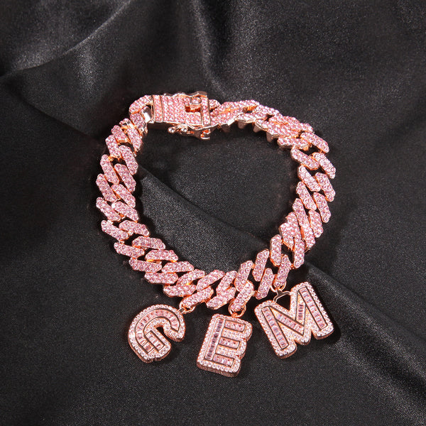 Personalized 12mm Pink Patchwork Letters Cuban Chain Couples Bracelet Necklace