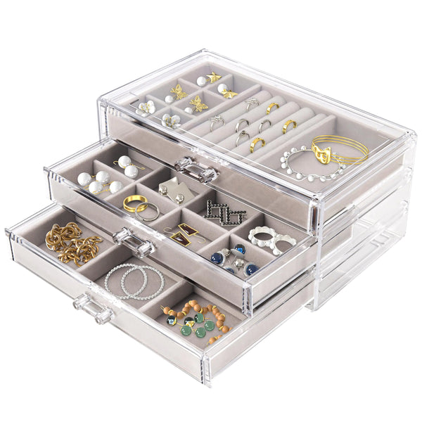 Acrylic Velvet-Lined Jewelry Holder - 3 Drawer Organizer for Women (Grey)