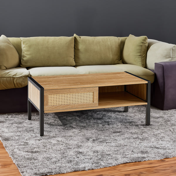 Natural Rattan Coffee Table with Sliding Door & Metal Legs
