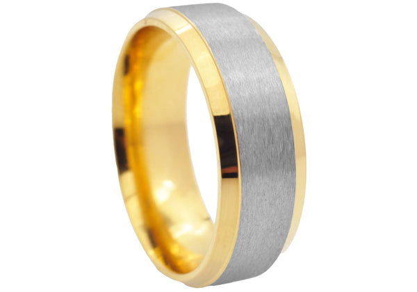 Men's Two Tone Gold Stainless Steel Brushed & Polished 8mm Band Ring