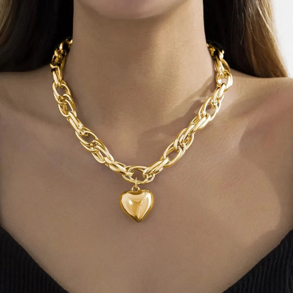 Simple Cross Hollow Heart Pendant Thick Chain Necklace