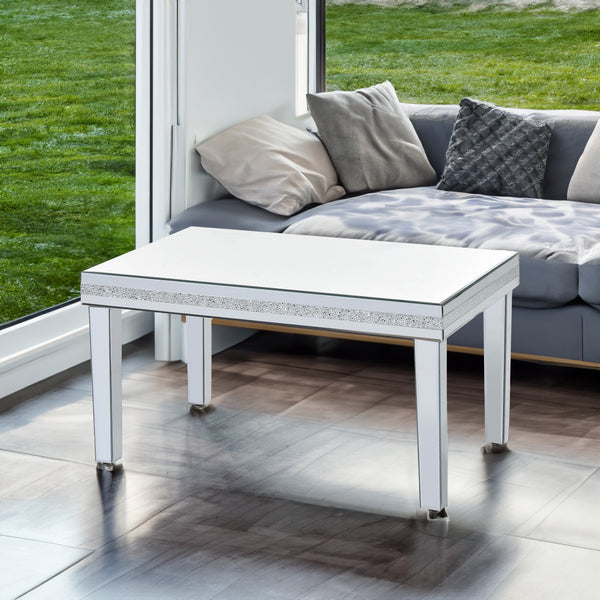 Modern Glass Mirrored Coffee Table – Silver Crystal Design