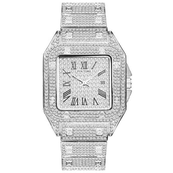 Hip Hop Iced Out Square Men’s Watch – Diamond Quartz Calendar Luxury Wristwatch