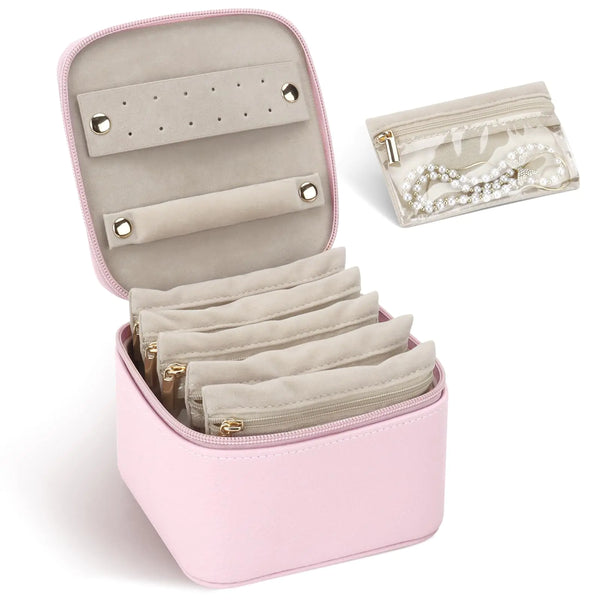 ChicMini Luxe Leather Jewelry Case with Velvet Pouches Pink