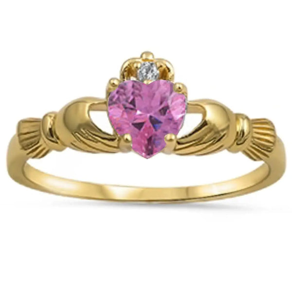 Gold Plated Pink CZ Claddagh Sterling Ring Size 6