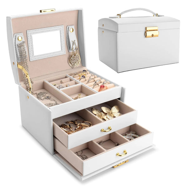 Elegant 3-Layer Lockable Jewelry Box with Mirror