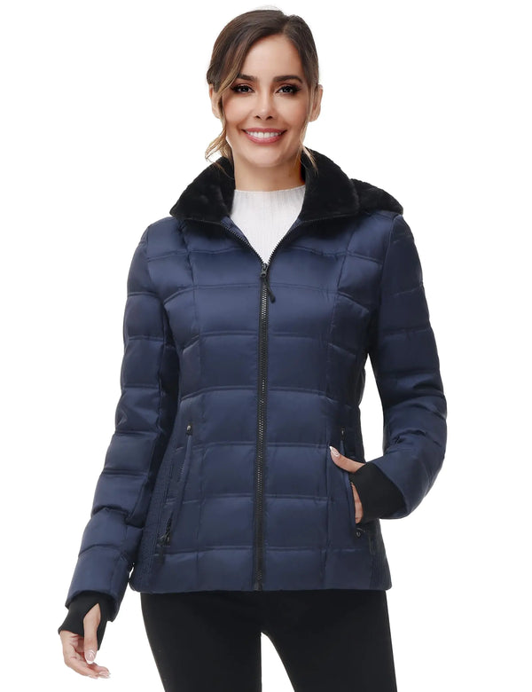 ESSENTIAL WARMTH Womens Down Hooded Jacket - Navy L