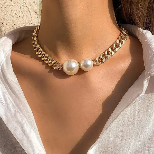 Vintage Punk Cuban Chain Necklace with Pearl Pendant – Gothic Choker for Women