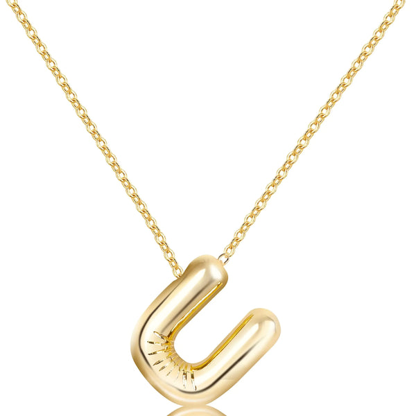 Gold Bubble Letter Initial Pendant Necklace