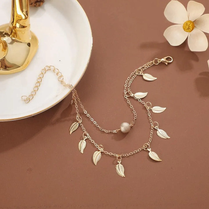 Beach Leaf Pendant Double Layer Gold Ankle Chain - Alloy Foot Decoration - themiraclebrands.com