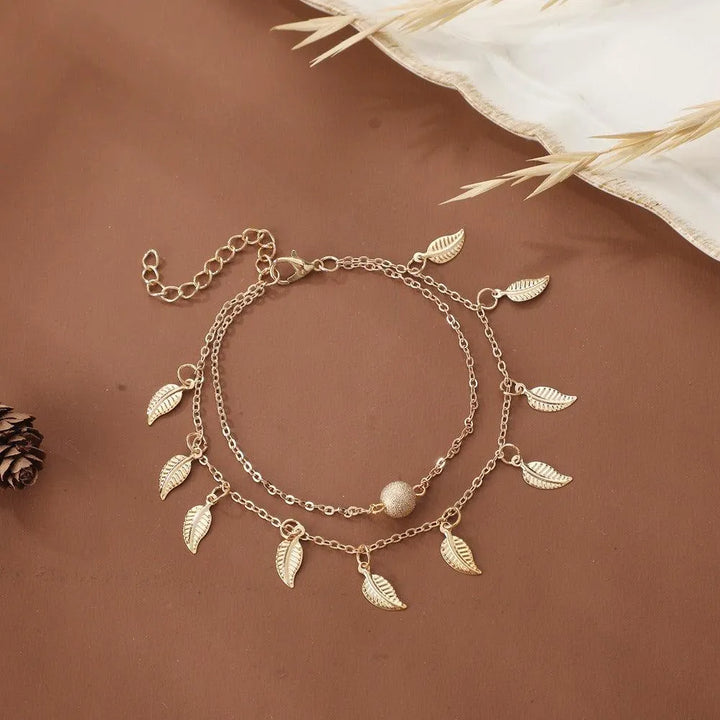 Beach Leaf Pendant Double Layer Gold Ankle Chain - Alloy Foot Decoration - themiraclebrands.com