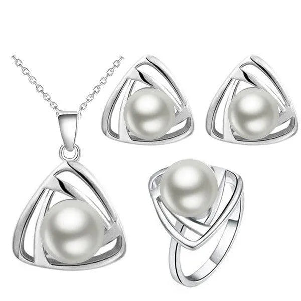 Bridal Jewelry Set Simulated Pearl Necklace, Earrings, Rings - themiraclebrands.com