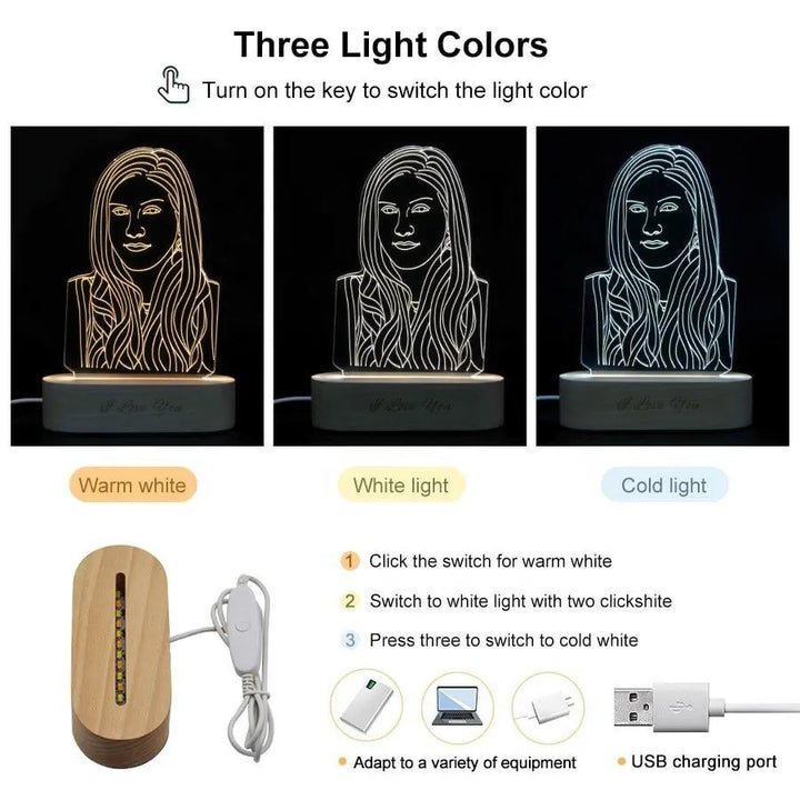 Custom 3D Acrylic Lamp Picture Night Light with Engraved Wooden Base - themiraclebrands.com