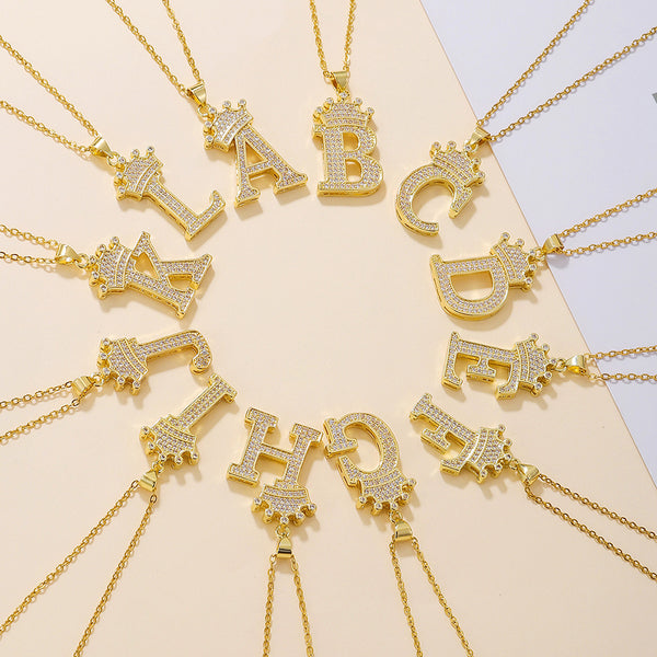 Gold Crown Letter Pendant Necklace