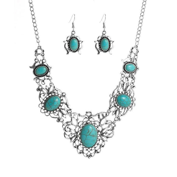 Exaggerated Alloy Necklace Earring Set - Retro Turquoise Pattern, 18K Gold Plated - themiraclebrands.com