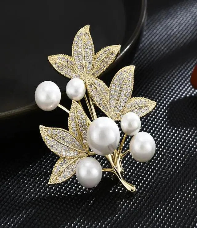 Fashion Pearl Maple Leaf Rhinestone Brooch - themiraclebrands.com