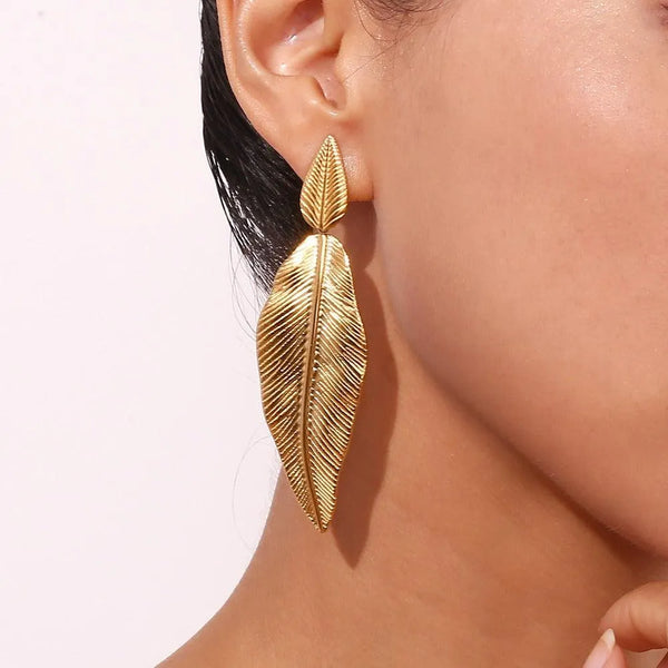 Gold Spliced Feather Leaf Earrings - themiraclebrands.store