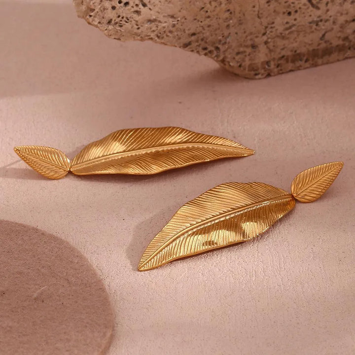 Gold Spliced Feather Leaf Earrings - themiraclebrands.store