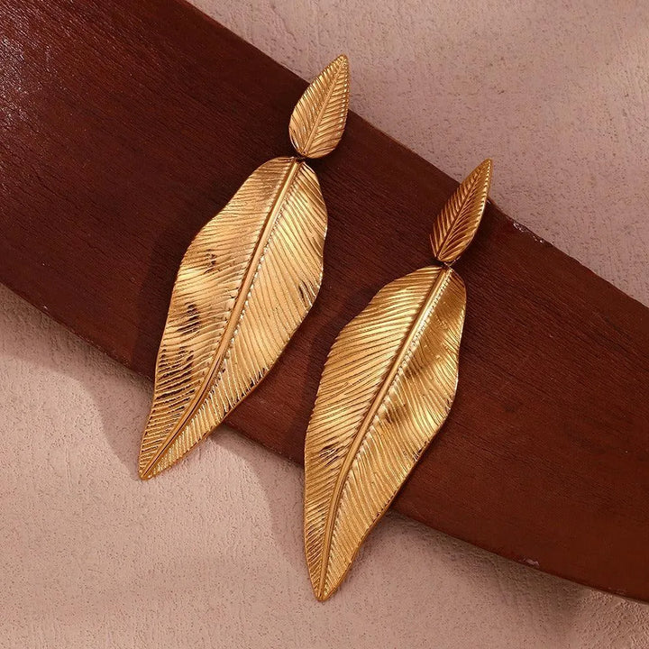 Gold Spliced Feather Leaf Earrings - themiraclebrands.store