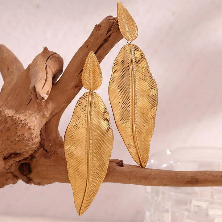 Gold Spliced Feather Leaf Earrings - themiraclebrands.store