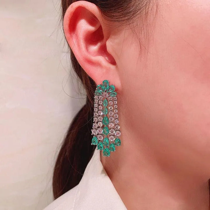 Green Diamond Flower Tassel Earrings - themiraclebrands.store