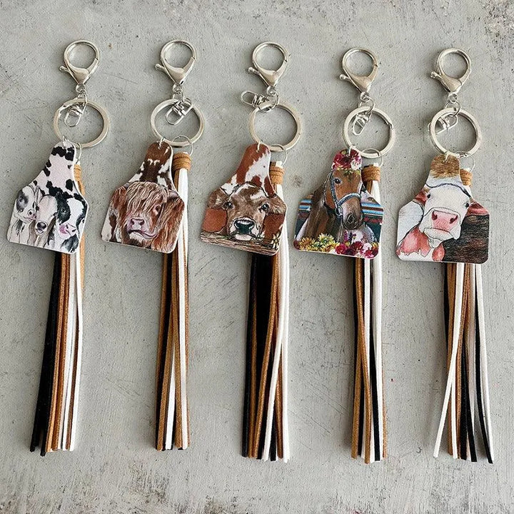 Handcrafted Western Farm Style Leather Keychain with Cow, Horse, and Deer Brand Leather Tassels - themiraclebrands.com