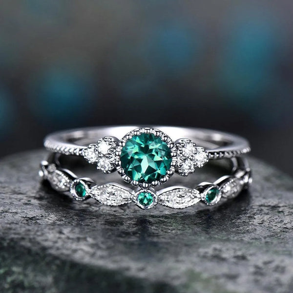 Luxury Green Blue Stone Crystal Rings Set | Silver Wedding Engagement Jewelry - themiraclebrands.com