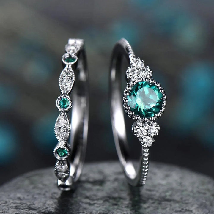 Luxury Green Blue Stone Crystal Rings Set | Silver Wedding Engagement Jewelry - themiraclebrands.com