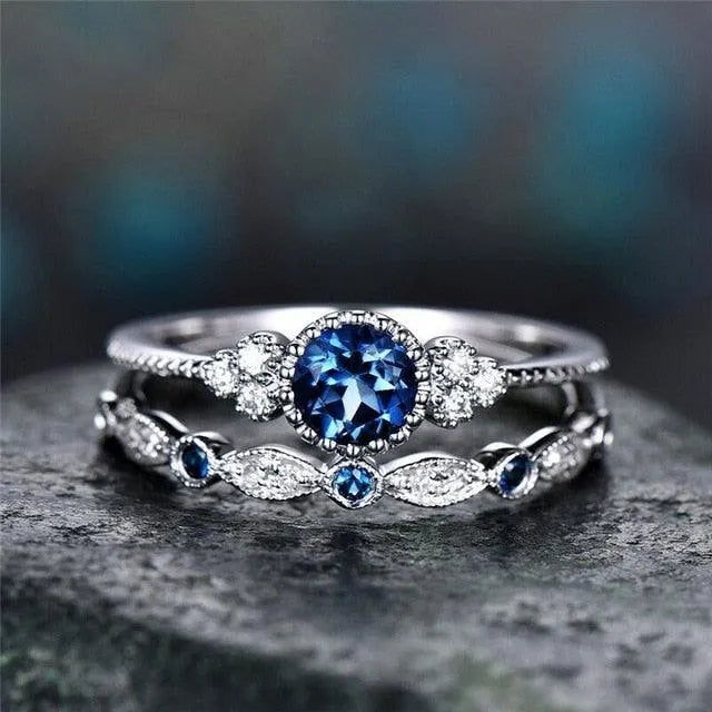 Luxury Green Blue Stone Crystal Rings Set | Silver Wedding Engagement Jewelry - themiraclebrands.com