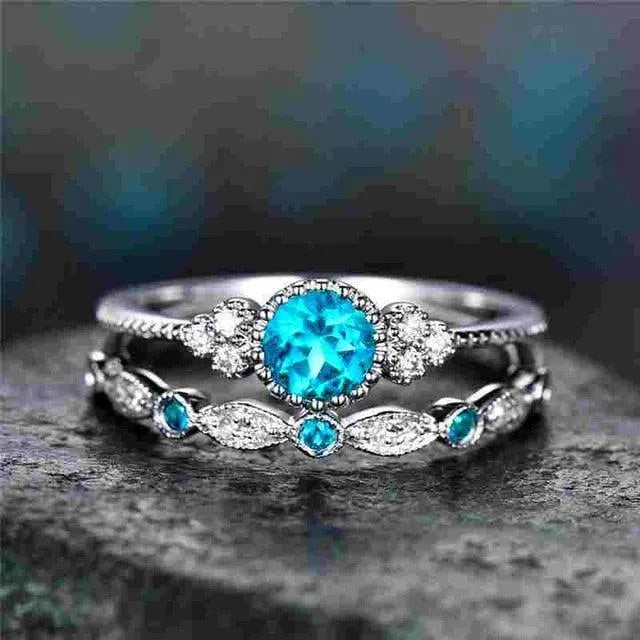 Luxury Green Blue Stone Crystal Rings Set | Silver Wedding Engagement Jewelry - themiraclebrands.com