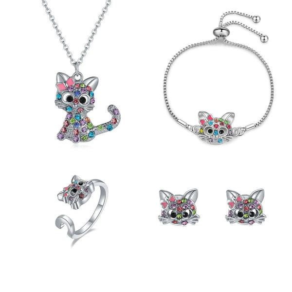 Sparkling Cat-themed Diamond Jewelry Set for Kids - 4-Piece Gift Collection - themiraclebrands.com